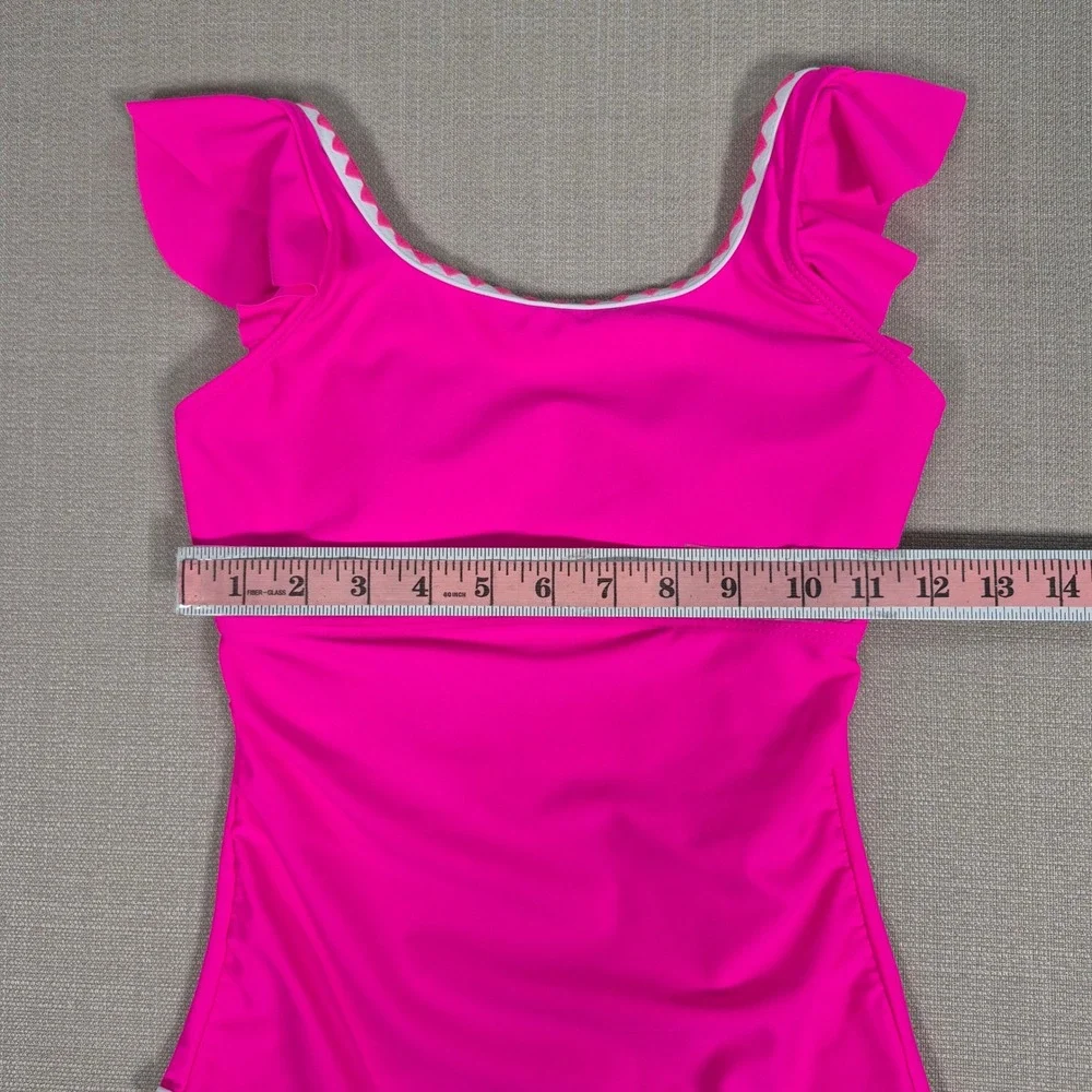 Girls Pink Ruffle One Piece Swimsuit Ric Rac Trim Size 11-12Y